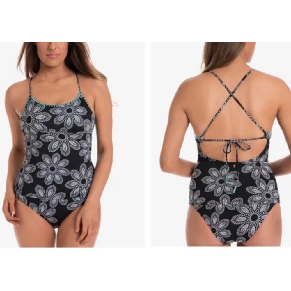 Vera Bradley One Piece Swimsuit Size 16 (XL) Black Floral Reversible Tie Back 🆕